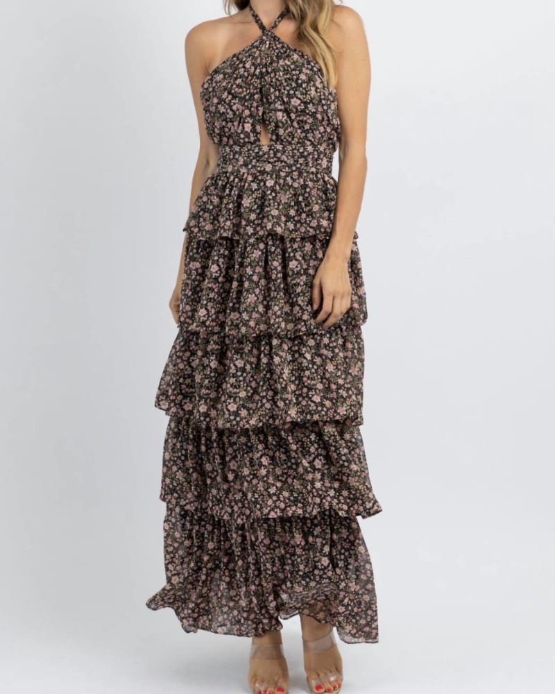 Front of a model wearing a size L Hyland Floral Frill Maxi Dress In Black in Black by OLIVACEOUS. | dia_product_style_image_id:359662